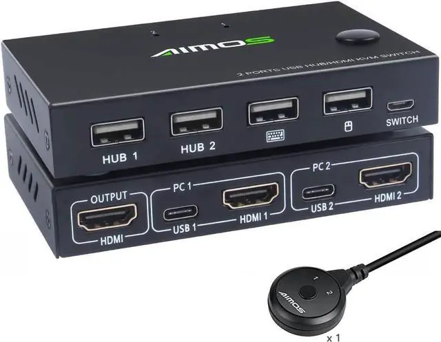 KVM Switch HDMI 2 Port Box AIMOS USB and HDMI Switches 4 USB Hub UHD 4K 30Hz for 2 Computers Share Keyboard Mouse and one HD Monitor Not support Hotkey With HUB Ports