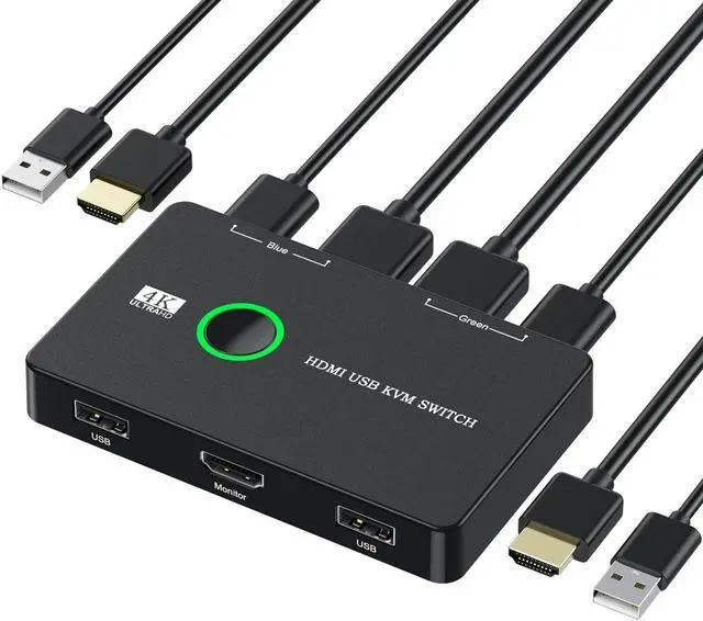 KVM Switch HDMI 2 Port Box CORN USB and HDMI Switch for 2 Computers Share Keyboard Mouse Printer and one HD Monitor Support UHD 4K 60Hz with 2 USB Cable and 2 HDMI Cable