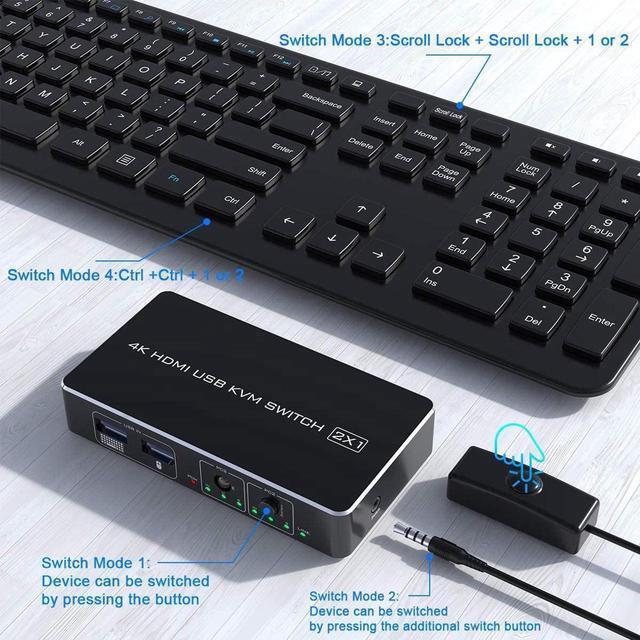 KVM Switch HDMI 2 Port Box Rocketek 2 USB 2.0 Hub Share 2 Computers To One HD Monitor 4K 30Hz KVM Switcher Adapter USB Switch Support Wireless Keyboard And Mouse Connections With 2 USB Cable