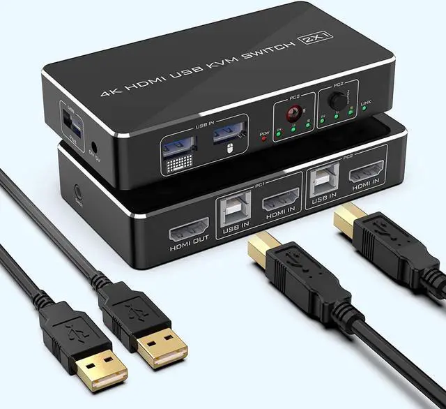 KVM Switch HDMI 2 Port Box Rocketek 2 USB 2.0 Hub Share 2 Computers to One HD Monitor 4K 30Hz KVM Switcher Adapter USB Switch Support Wireless Keyboard and Mouse Connections with 2 USB Cable