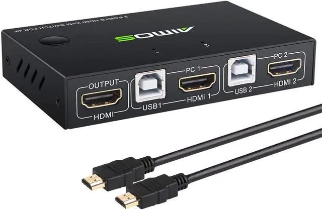 KVM Switch HDMI 2 Port Box Share 2 Computers with one Keyboard Mouse and one HD Monitor Support Wireless Keyboard and Mouse Connections UHD 4K (3840x2160) Supported