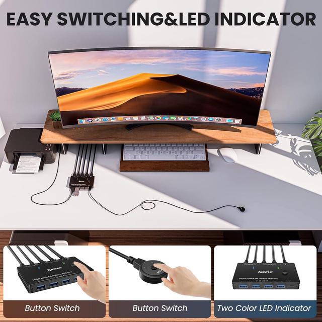 KVM Switch HDMI 2 Port Box USB 3.0 And HDMI Switch 8K 60Hz For 2 Computers Share Keyboard Mouse Printer And 1 HD Monitor With Remote And Cables