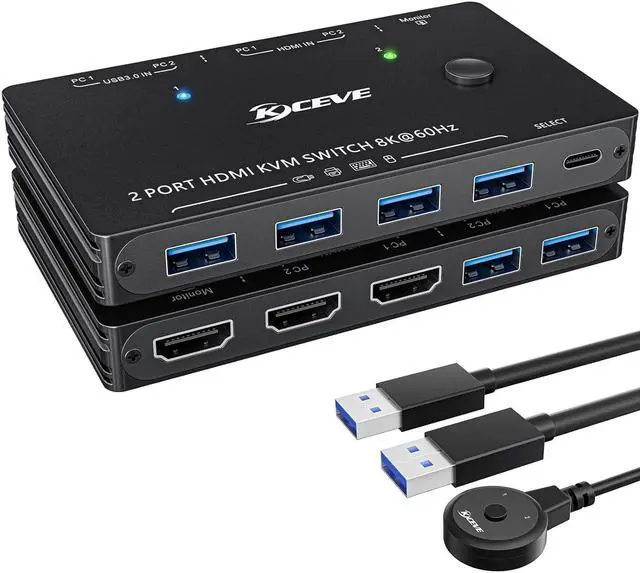 KVM Switch HDMI 2 Port Box USB 3.0 and HDMI Switch 8K 60Hz for 2 Computers Share Keyboard Mouse Printer and 1 HD Monitor with Remote and Cables