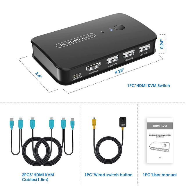 KVM Switch HDMI 2 Port Box USB And HDMI Switch For 2 Computers Share Keyboard Mouse Printer And One HD Monitor 4K 30HZ With Wired Controller & KVM Cables