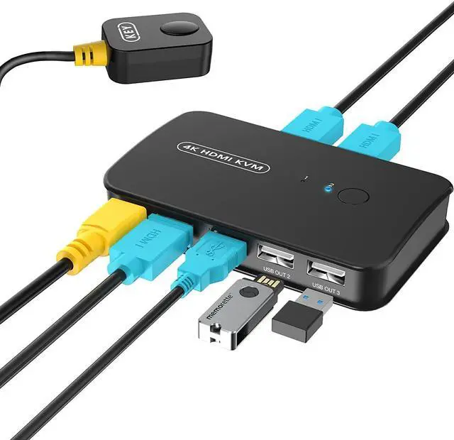 KVM Switch HDMI 2 Port Box USB and HDMI Switch for 2 Computers Share Keyboard Mouse Printer and one HD Monitor 4K 30HZ with Wired Controller & KVM Cables