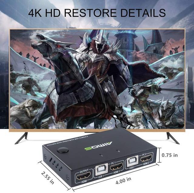 KVM Switch HDMI 2 Port Box USB And HDMI Switches 4 USB Hub UHD 4K 30Hz For 2 Computers Share Keyboard Mouse And One HD Monitor