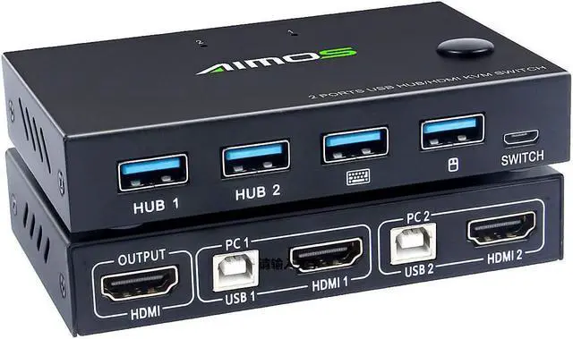 KVM Switch HDMI 2 Port Box USB and HDMI Switches 4 USB Hub UHD 4K 30Hz for 2 Computers Share Keyboard Mouse and one HD Monitor