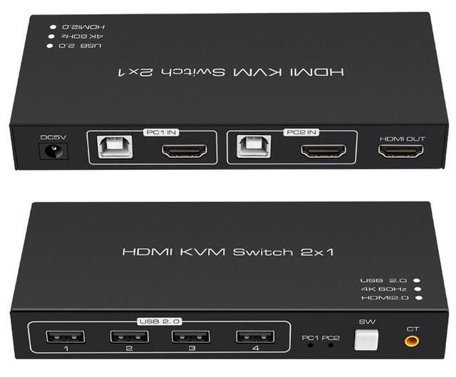 KVM Switch HDMI 2 Port Box USB Switch Selector With 4 USB 2.0 Hub 2 In 1 Out HDMI USB Switch Adapter Switcher 4Kx2K 60Hz Sharing USB Device Printer Scanner Keyboard Mouse Wire Control /Body Controller