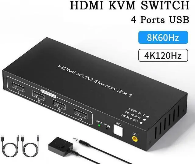 KVM Switch HDMI 2 Port Box USB Switch selector with 4 USB 2.0 Hub 2 In 1 Out HDMI USB Switch Adapter Switcher 4Kx2K 60Hz Sharing USB Device Printer Scanner Keyboard Mouse Wire Control /Body Controller