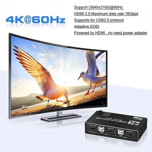 KVM Switch HDMI 2 Port Support 4K 60Hz USB Switcher With 3 USB 2.0 Ports 2 Computers Share One Monitor Keyboard And Mouse With 2 USB Cables No Power Require Plug And Play