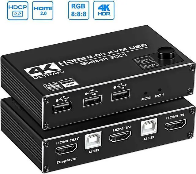 KVM Switch HDMI 2 Port Support 4K 60Hz USB Switcher with 3 USB 2.0 Ports 2 Computers Share One Monitor Keyboard and Mouse with 2 USB Cables No Power Require Plug and Play