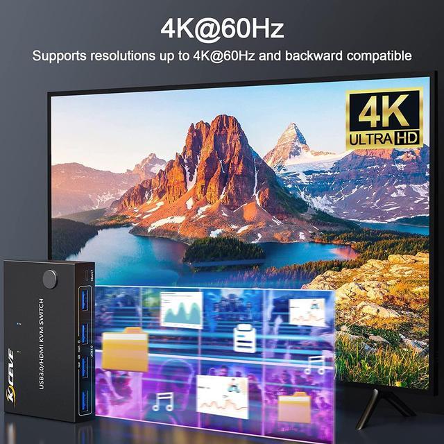 KVM Switch HDMI 2 Port USB 3.0 HDMI KVM Switcher Selector Box 2 In 1 Out With EDID Simulator Function Support 4K 60Hz Resolution For 2 Computers Share Mouse Keyboard And Monitor