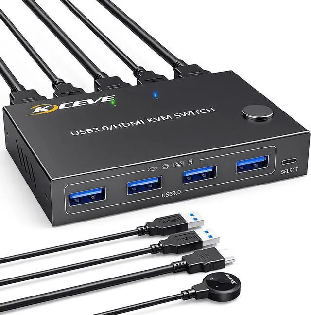 KVM Switch HDMI 2 Port USB 3.0 HDMI KVM Switcher Selector Box 2 in 1 Out with EDID Simulator Function Support 4K 60Hz Resolution for 2 Computers Share Mouse Keyboard and Monitor
