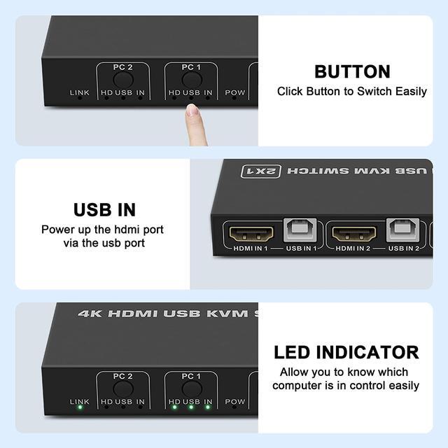 KVM Switch HDMI 2 Port USB And HDMI Switch For 2 Computers Share Keyboard Mouse Printer Monitor Support HUD 4K 30Hz For Laptop PC Xbox HDTV With 2X USB Cable 1x Switch Button Cable