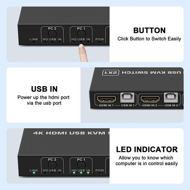 KVM Switch HDMI 2 Port USB And HDMI Switch For 2 Computers Share Keyboard Mouse Printer Monitor Support HUD 4K 30Hz For Laptop PC Xbox HDTV With 2X USB Cable 1x Switch Button Cable