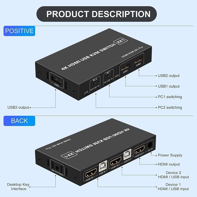 KVM Switch HDMI 2 Port USB And HDMI Switch For 2 Computers Share Keyboard Mouse Printer Monitor Support HUD 4K 30Hz For Laptop PC Xbox HDTV With 2X USB Cable 1x Switch Button Cable