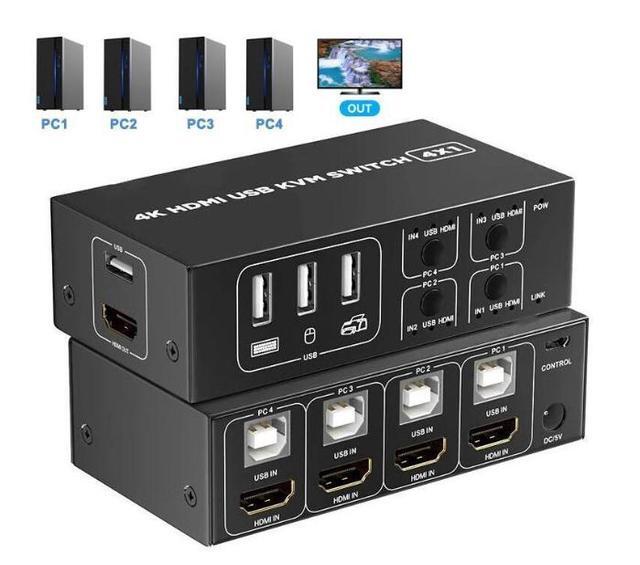 KVM Switch HDMI 4 Port Box 4 In 1 Out 4 Computers Share Keyboard Mouse Printer Monitor Support HUD 4K 60Hz