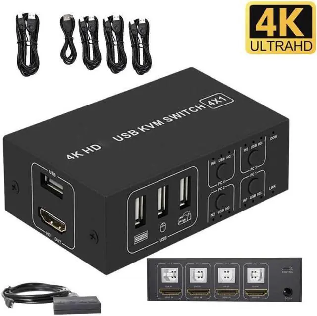 KVM Switch HDMI 4 Port Box 4 in 1 Out 4 Computers Share Keyboard Mouse Printer Monitor Support HUD 4K 60Hz