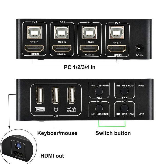 KVM Switch HDMI 4 Port Box 4 In 1 Out KVM Switch 4 Computers Share Keyboard Mouse Printer Monitor Support HUD 4K 60Hz For Laptop PC Xbox HDTV With 4 USB Cable 1 Switch Button&Cable 1 Power Cable