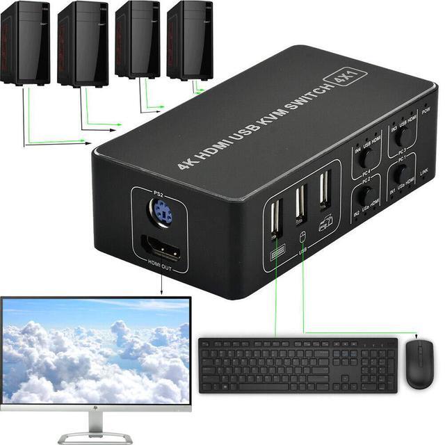 KVM Switch HDMI 4 Port Box 4 In 1 Out KVM Switch 4 Computers Share Keyboard Mouse Printer Monitor Support HUD 4K 60Hz For Laptop PC Xbox HDTV With 4 USB Cable 1 Switch Button&Cable 1 Power Cable