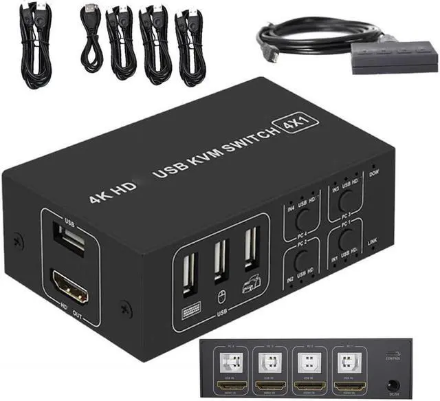 KVM Switch HDMI 4 Port Box 4 in 1 Out KVM Switch 4 Computers Share Keyboard Mouse Printer Monitor Support HUD 4K 60Hz for Laptop PC Xbox HDTV with 4 USB Cable 1 Switch Button&Cable 1 Power Cable