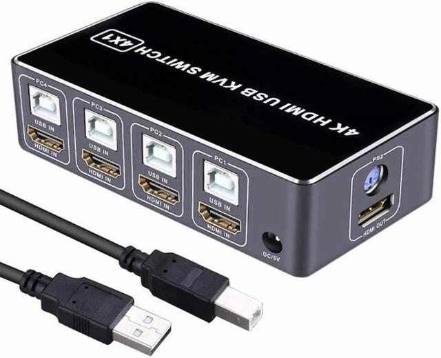 KVM Switch HDMI 4 Port Box 4 In 1 Out KVM Switch 4 Computers Share Keyboard Mouse Printer Monitor Support HUD 4K 60Hz For Laptop PC Xbox HDTV With 4 USB Cable 1 Switch Button&Cable 1 Power Cable