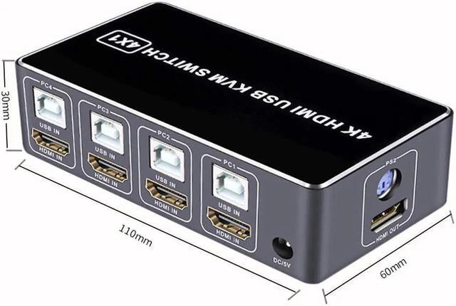 KVM Switch HDMI 4 Port Box 4 In 1 Out KVM Switch 4 Computers Share Keyboard Mouse Printer Monitor Support HUD 4K 60Hz For Laptop PC Xbox HDTV With 4 USB Cable 1 Switch Button&Cable 1 Power Cable