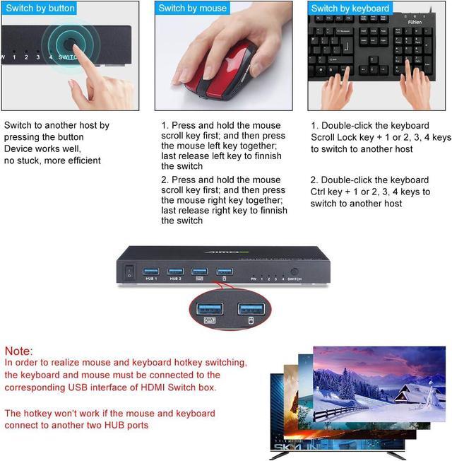 KVM Switch HDMI 4 Port Box AIMOS HDMI 2.0 KVM Switcher Support Wireless Keyboard And Mouse Connections And With USB Hub Port UHD 4K 60Hz & 3D & 1080P Supported
