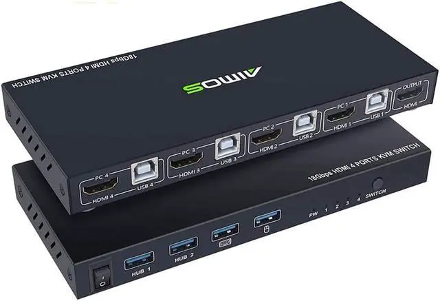KVM Switch HDMI 4 Port Box HDMI 2.0 KVM Switcher Support Wireless Keyboard and Mouse Connections and with USB Hub Port UHD 4K 60Hz & 3D & 1080P Supported