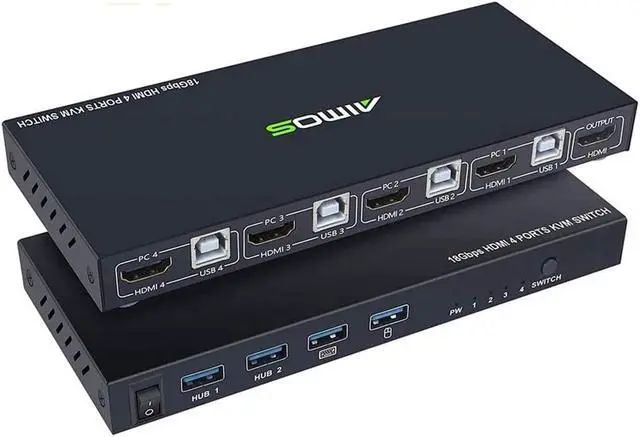 KVM Switch HDMI 4 Port Box HDMI2.0 KVM HDMI Switcher Support Wireless Keyboard and Mouse Connections and with USB Hub Port UHD 4K 60Hz & 3D & 1080P Supported (with 4 USB Cables)