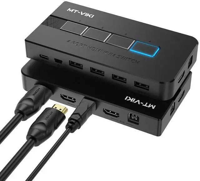 KVM Switch HDMI 4 Port Boxes 4K 30Hz USB HDMI KVM Console for 4 PCs Share 1 HD Monitor and Keyboard Mouse Button + Desktop Selector Switching