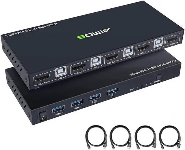 KVM Switch HDMI 4K 60Hz 4 Port Box USB Switch with 4 USB 2.0 Hubs 4 in 1 Out HDMI KVM Switch Support Wireless Keyboard and Mouse and hotkey Switching No Power Require