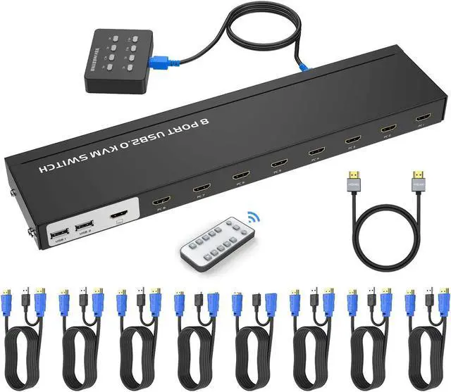 KVM Switch HDMI 8 Port Yinker 4K 30Hz USB HDMI Rack KVM Console 8 in 1 Out w/9pack Cables 4 USB 2.0 Hubs Desktop Selector IR Remote & Ears