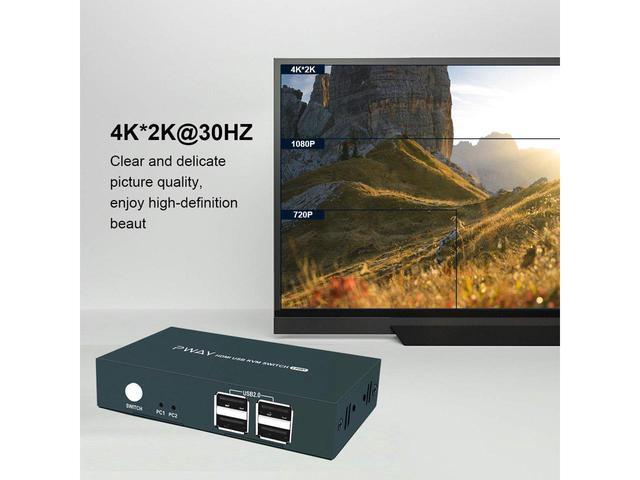 KVM Switch HDMI UHD 4K 30Hz HDMI KVM Switch 2 Port With 4 USB 2.0 Support HDMI Switch For 2 Computers Share Keyboard Mouse Printer And One HD Monitor With 2 HDMI And 2 USB Cables