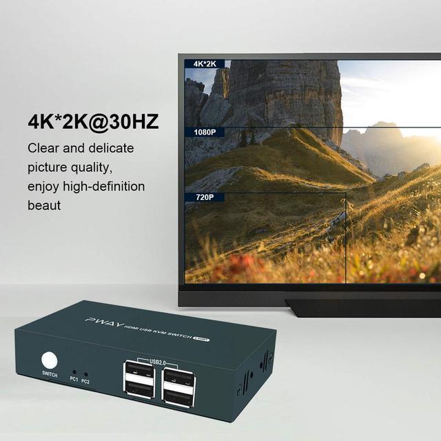 KVM Switch HDMI UHD 4K 30Hz HDMI KVM Switch 2 Port With 4 USB 2.0 Support HDMI Switch For 2 Computers Share Keyboard Mouse Printer And One HD Monitor With 2 HDMI And 2 USB Cables