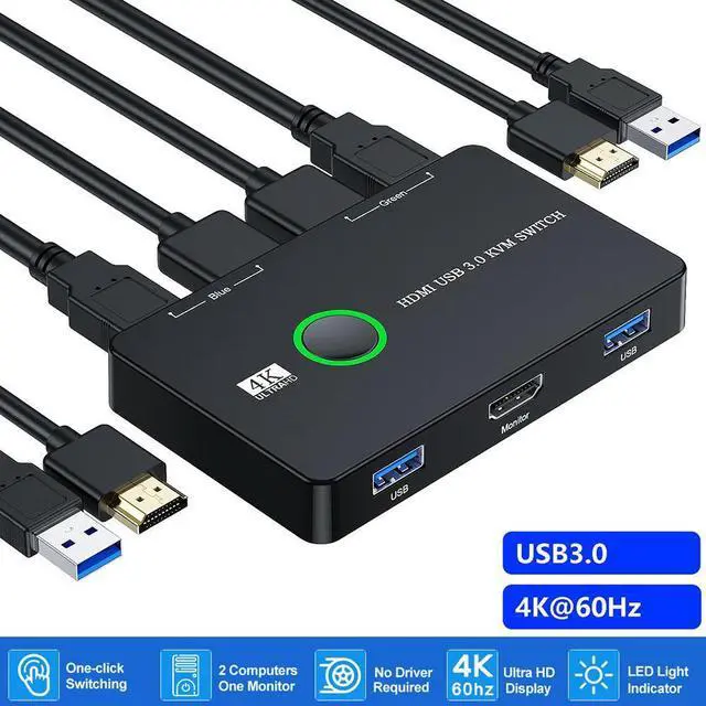 KVM Switch HDMI Upgraded USB 3.0 and HDMI KVM Switch for 2 Computers Share Keyboard Mouse Printer to One HD Monitor Supports 4K 60Hz 2 HDMI Cables and 2 USB Cables Included