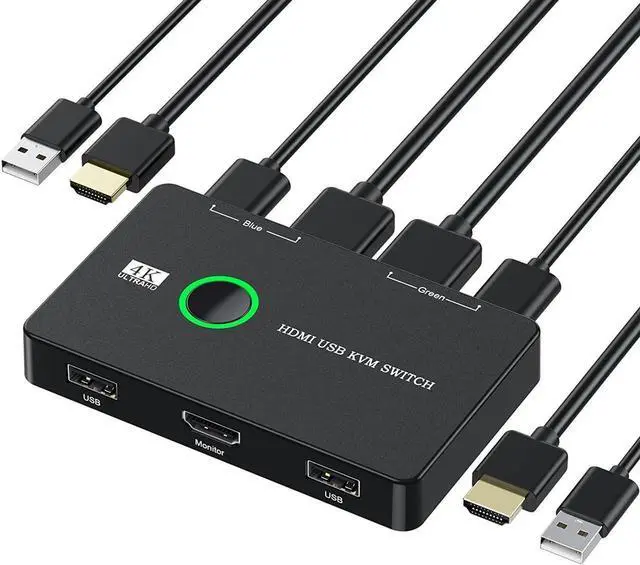 KVM Switch USB and HDMI KVM Switches for 2 Computers Sharing Mouse Keyboard Printer to One HD Monitor Supports 4K 60 Hz 2 HDMI Cables and 2 USB Cables Included