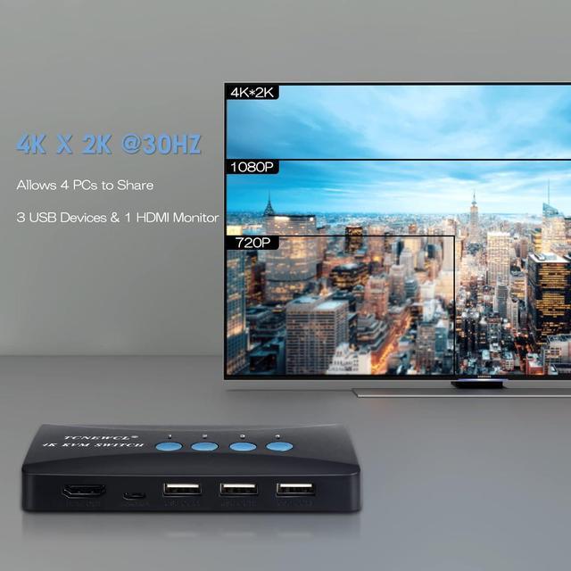 KVM Switch USB & HDMI Switcher For 4 Computers Sharing One HD Monitor And 3 USB Devices Keyboard Mouse Printer Support 4Kx2K 30Hz