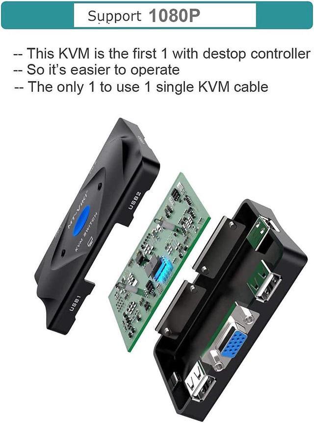 KVM Switch VGA 2 Port KVM Switch Console With 3 USB Hub + 2 In1 Cables + Desktop Selector