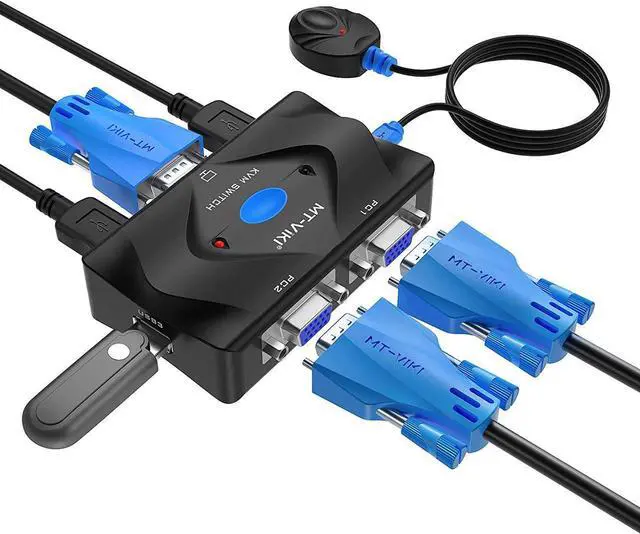 KVM Switch VGA 2 Port KVM Switch Console with 3 USB Hub + 2 in1 Cables + Desktop Selector
