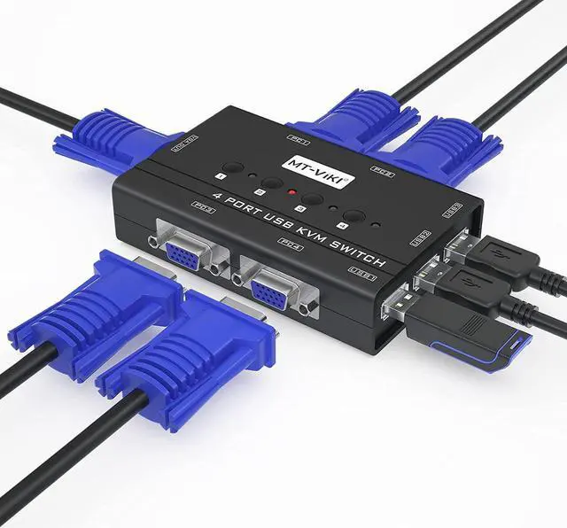 KVM Switch VGA 4 Port KVM Switch for 4 Computers Share One Monitor Keyboard Mouse Printer 3 USB 2.0 Hub Included 4 VGA KVM Cables