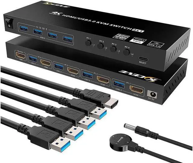 KVM USB 3.0 Switch 4 Ports HDMI KVM Switcher Selector Box 4 in 1 Out with EDID Emulator Function Support 4K 60Hz Resolution for 4 Computers Share Mouse Keyboard and Monitor