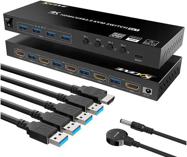 KVM USB 3.0 Switch 4 Ports HDMI KVM Switcher Selector Box 4 in 1 Out with EDID Emulator Function Support 4K 60Hz Resolution for 4 Computers Share Mouse Keyboard and Monitor