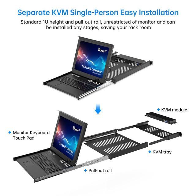 LCD KVM Switch VGA 17'' LCD Monitor Rack Mount KVM Console 8 Port For 1U 19'' Rack Cabinet Support Hotkey + OSD Menu Integrated With US Keyboard + Touchpad + KVM Cables