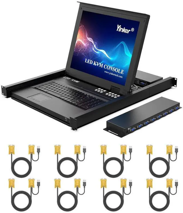 LCD KVM Switch VGA 17'' LCD Monitor Rack Mount KVM Console 8 Port for 1U 19'' Rack Cabinet Support Hotkey + OSD Menu Integrated with US Keyboard + Touchpad + KVM Cables