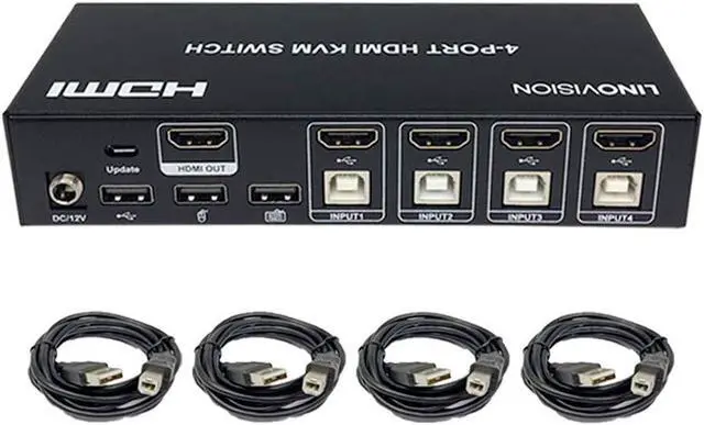 LINOVISION 4 Port HDMI KVM Switch 4K 30Hz Input with 4 USB2.0 Hub. Full Metal Housing. Hotkey Switch. Using One Set of HDMI Monitor Keyboard and Mouse to Control 4 PC/DVR/NVR/PS3/PS4.4 in 1 Out