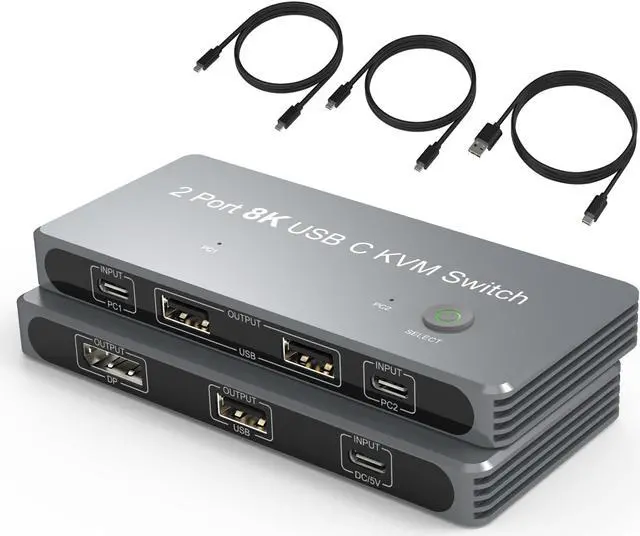 LUOM 2PC USB C KVM Switch One DP Monitor 2 Port 4K 60Hz USB KVM Switch 8K 60Hz DisplayPort 2PC Input 1 DisplayPort Output and USB 2.0 Hub PC Monitor Keyboard Mouse Switcher