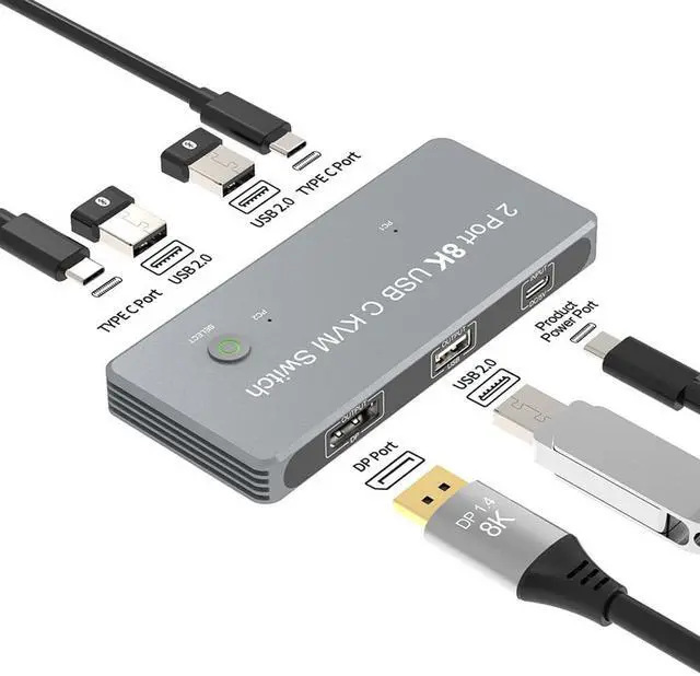 LUOM 2PC USB C KVM Switch One DP Monitor 8K 60Hz 2xUSB-C PC to One DisplayPort Monitor PC Screens Keyboard Mouse Switcher 2 in 1 Out with Button Switch PC Monitor Keyboard Mouse Switcher