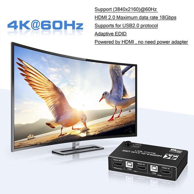 LUOM 4K 60Hz USB HDMI KVM Switch 2 In 1 Out Box Share 2 Computers To One Monitor Share 3USB2.0 Port USB KVM Switcher Adapter Support Wireless Keyboard And Mouse USB Disk Printer USB Camera