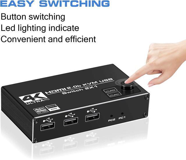 LUOM 4K 60Hz USB HDMI KVM Switch 2 In 1 Out Box Share 2 Computers To One Monitor Share 3USB2.0 Port USB KVM Switcher Adapter Support Wireless Keyboard And Mouse USB Disk Printer USB Camera